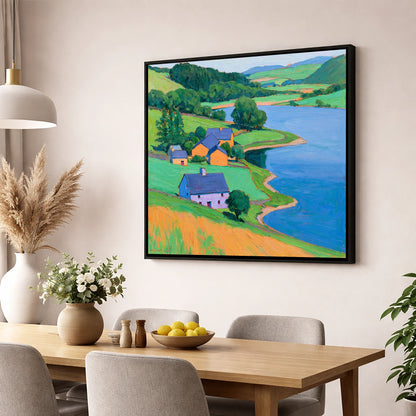Vivid Lakeside Village and Fells lake district village wall art displayed in a dining room