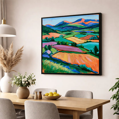 Vibrant Patchwork Fields in a Dale lake district valley wall art displayed in a dining room