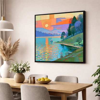 Orange Sunset Over Lakeland Water lake district lake wall art displayed in a dining room