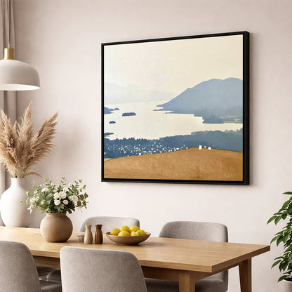 Misty Derwentwater from Latrigg lake district village wall art displayed in a dining room