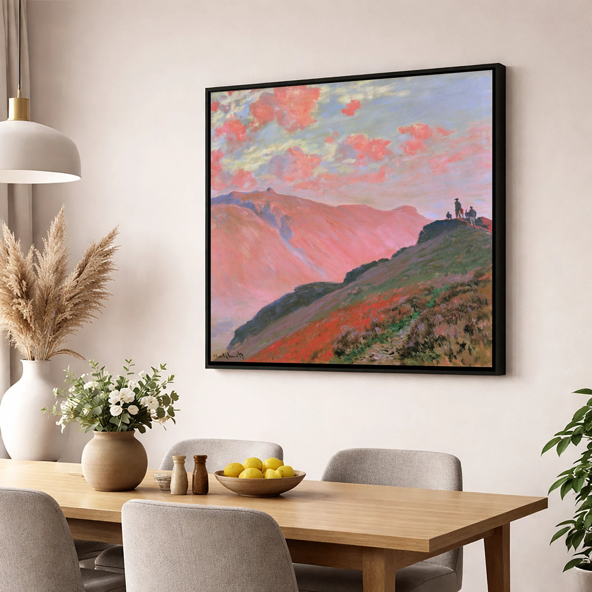 Hikers on a Pink Sunset Fell lake district fell wall art displayed in a dining room