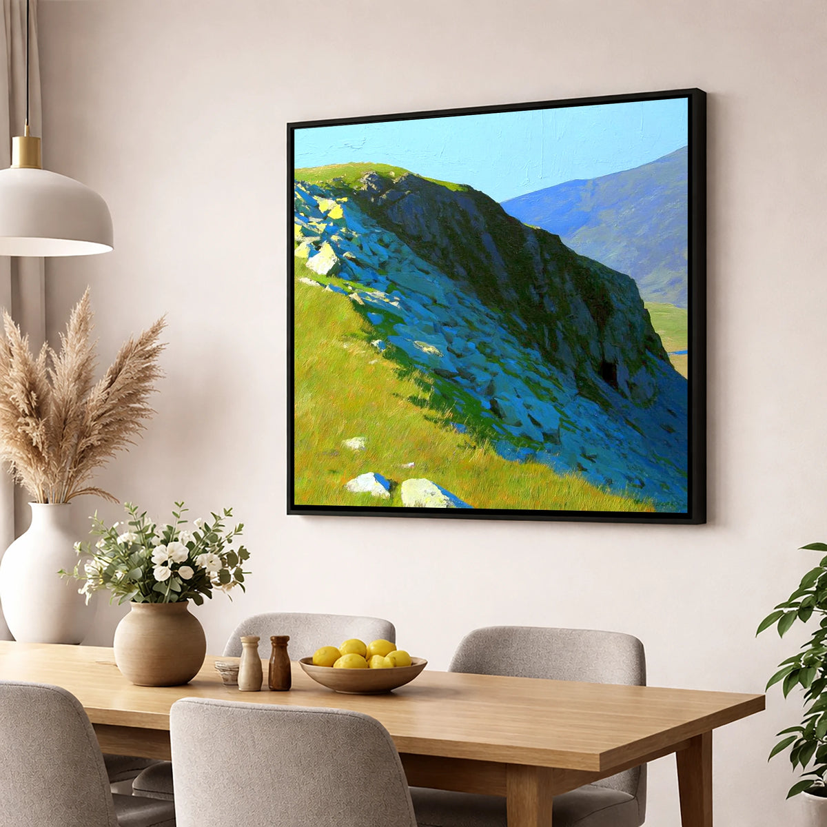 Sunlit Slopes on Rossett Pike lake district fell wall art displayed in a dining room