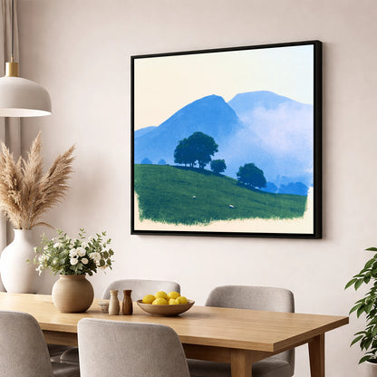 Mist Over the Blue Fells lake district fell wall art displayed in a dining room
