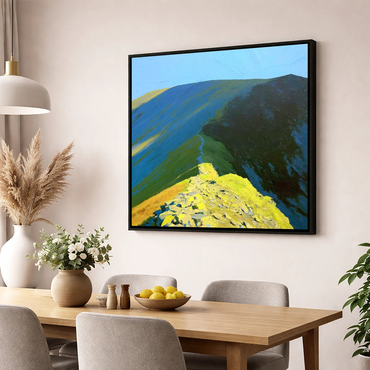 Sunlit Path up Wandope Ridge lake district fell wall art displayed in a dining room
