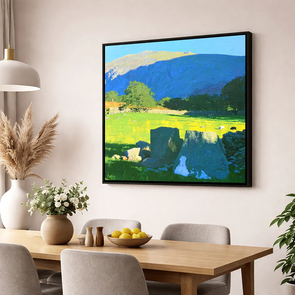 Vibrant Pastures Below Kentmere Pike lake district fell wall art displayed in a dining room