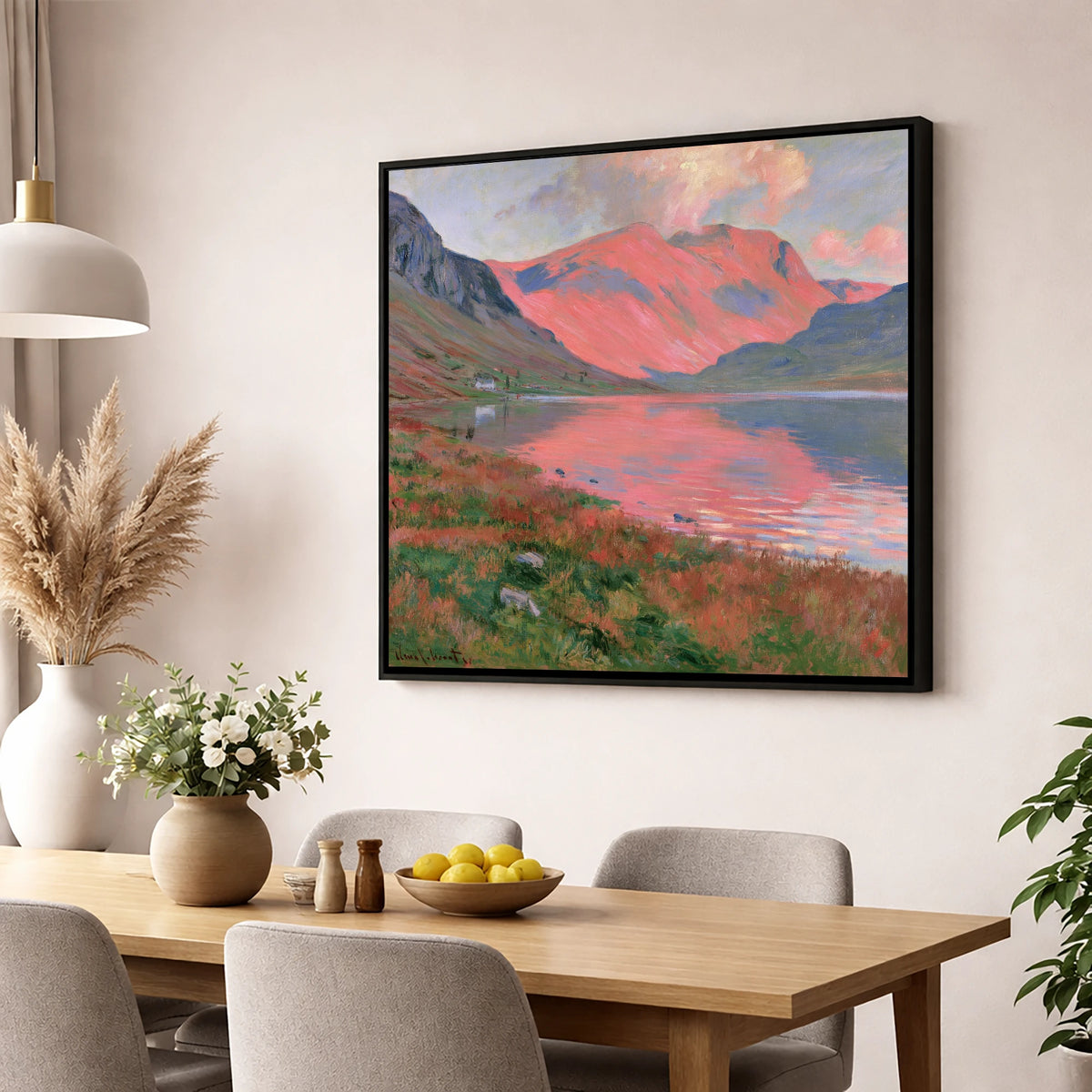 Mountain Lake with Pink Sunset lake district lake wall art displayed in a dining room