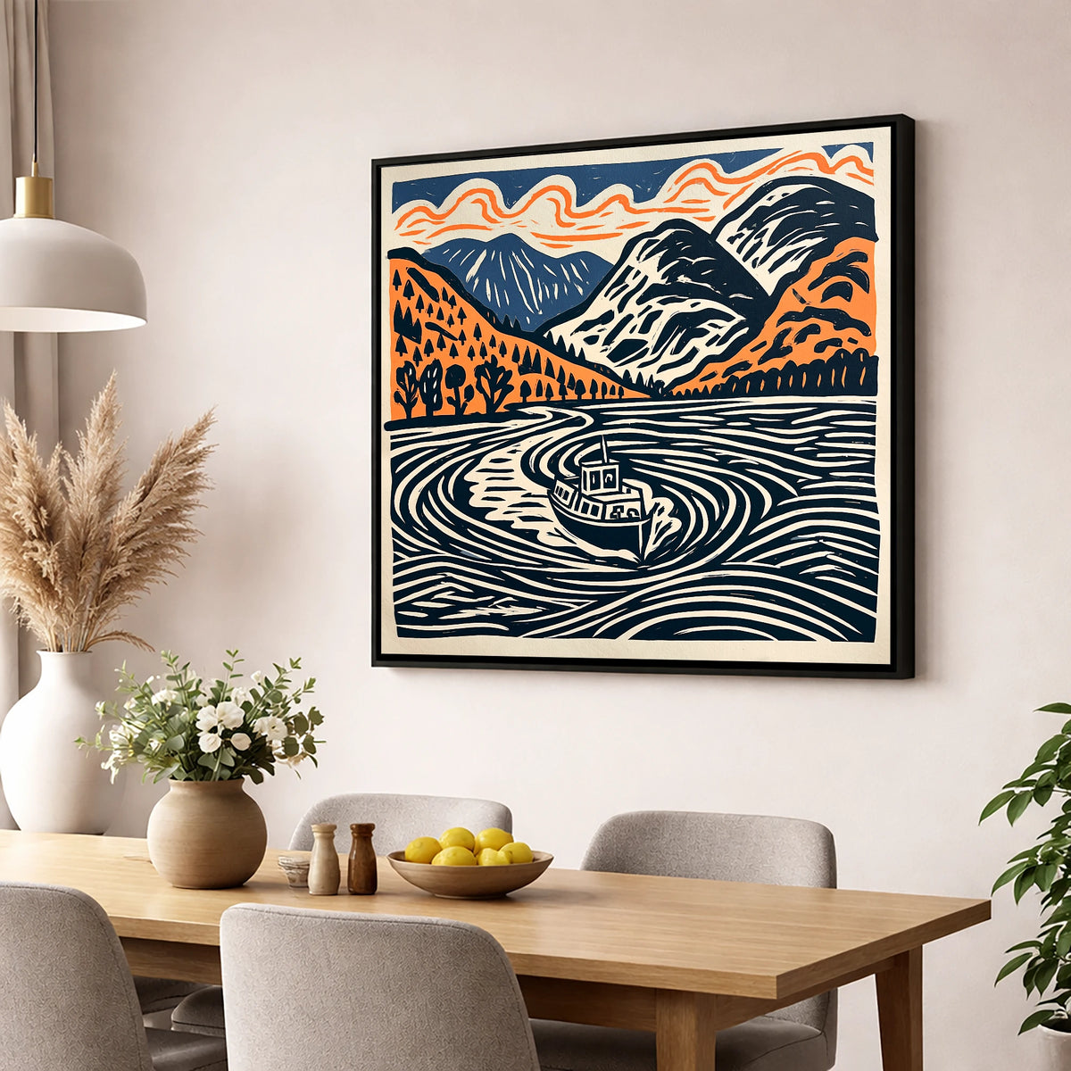 Ullswater Steamer in Terracotta and Navy lake district lake wall art displayed in a dining room