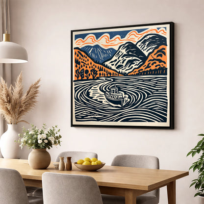 Ullswater Steamer in Terracotta and Navy lake district lake wall art displayed in a dining room