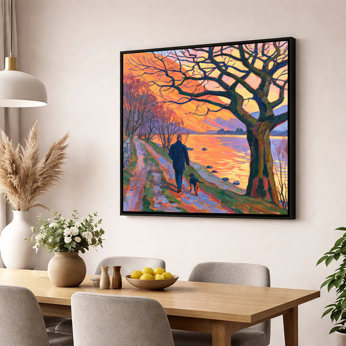 Vibrant Glenridding Sunset Dog Walk gifts for dog walkers wall art displayed in a dining room