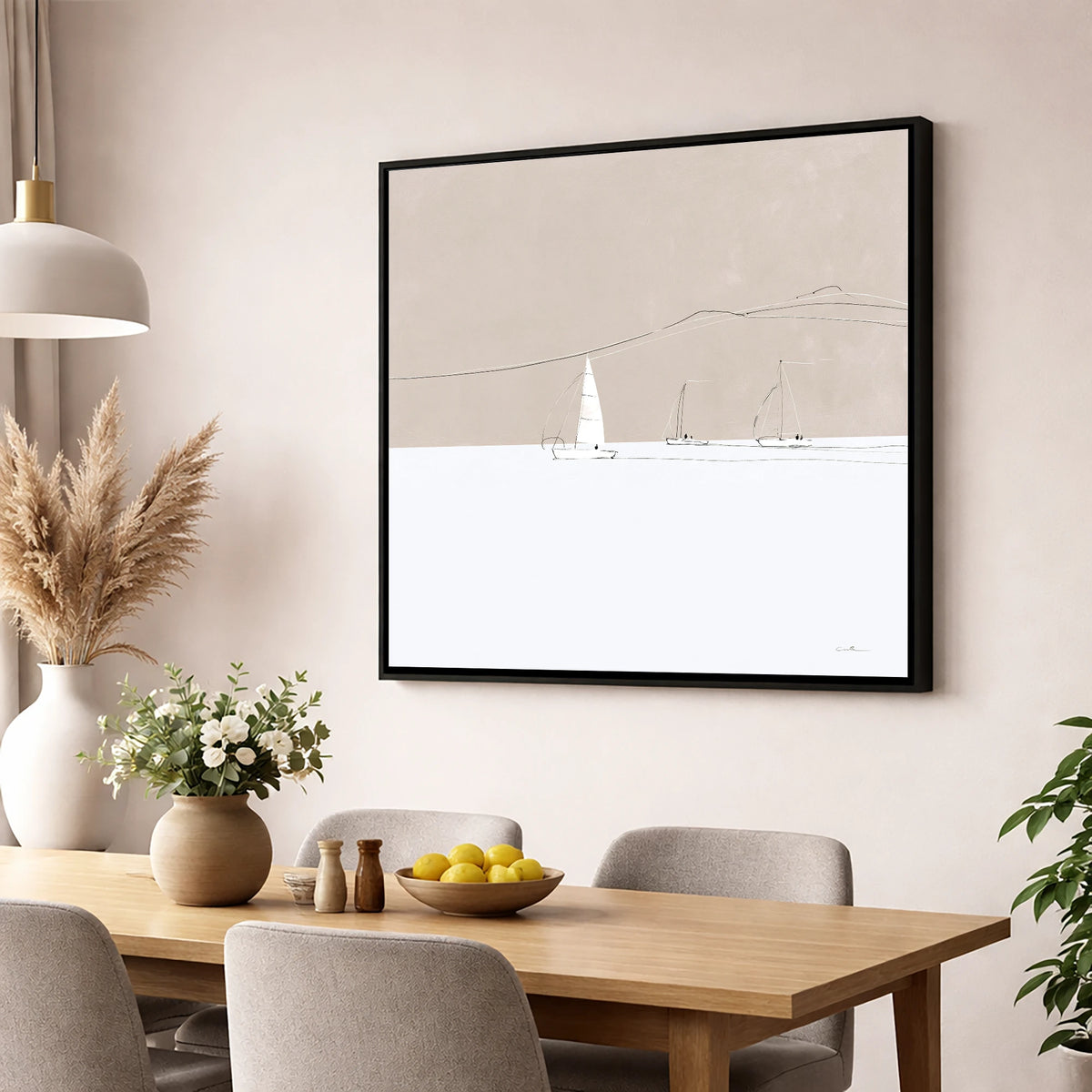 Minimalist Sailboats and Distant Fells lake district walking wall art displayed in a dining room