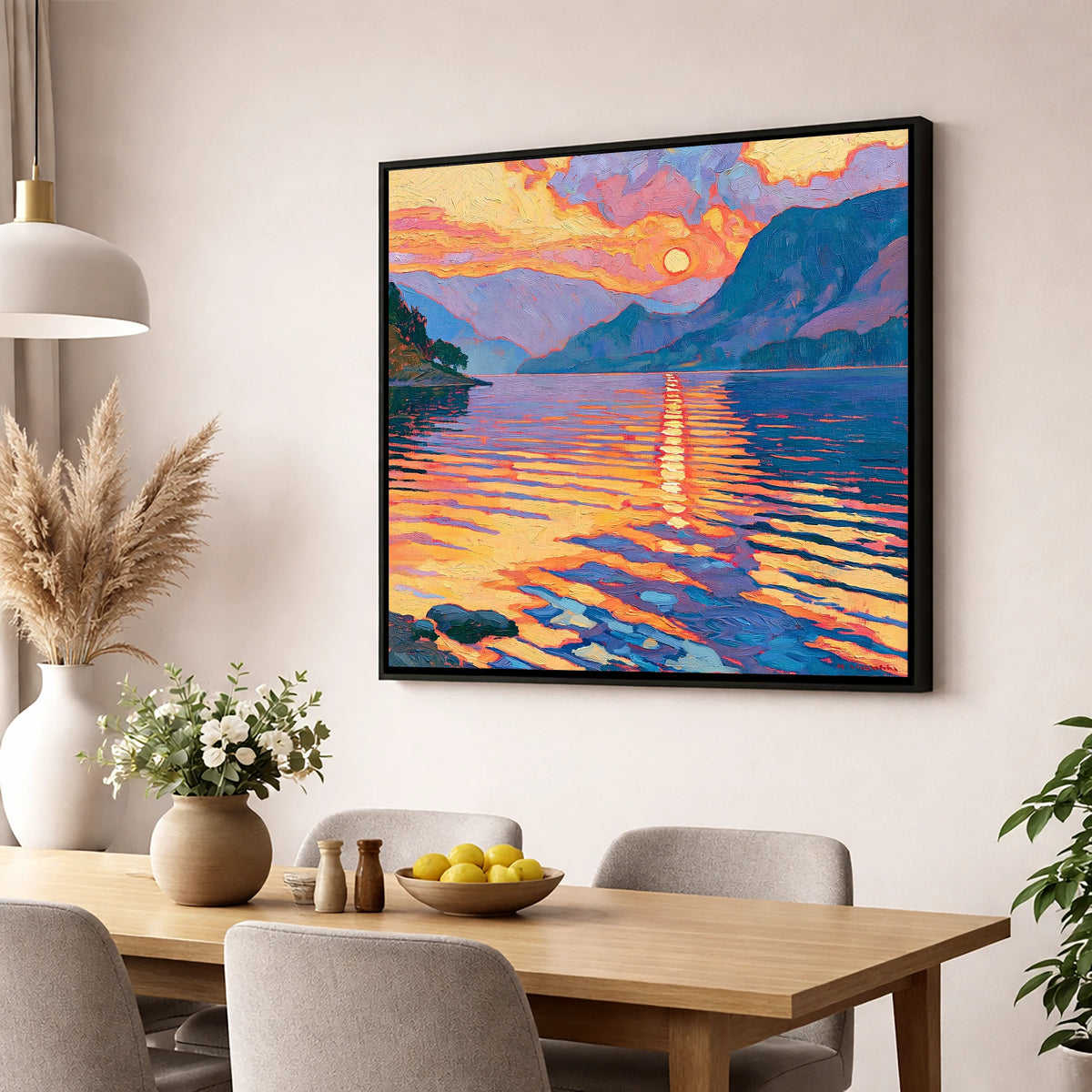 Golden Sunset Reflected on the Lake lake district lake wall art displayed in a dining room