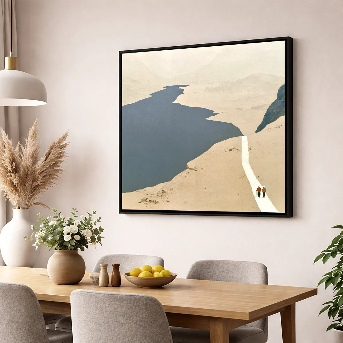 Walkers on a White Mountain Path lake district walking wall art displayed in a dining room