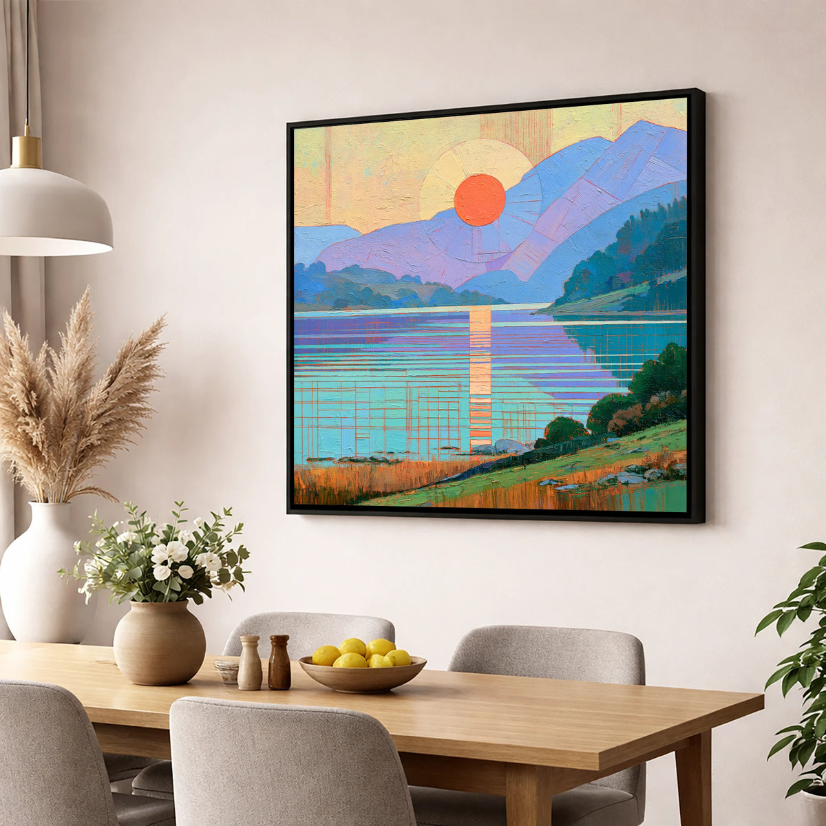 Geometric Lakeland Sunset Over Water lake district lake wall art displayed in a dining room