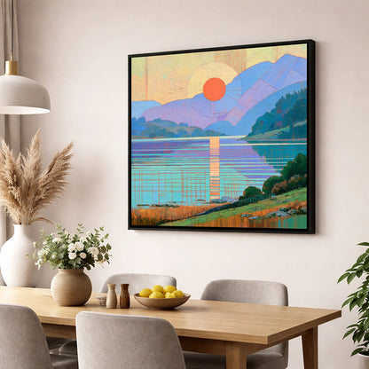 Geometric Lakeland Sunset Over Water lake district lake wall art displayed in a dining room
