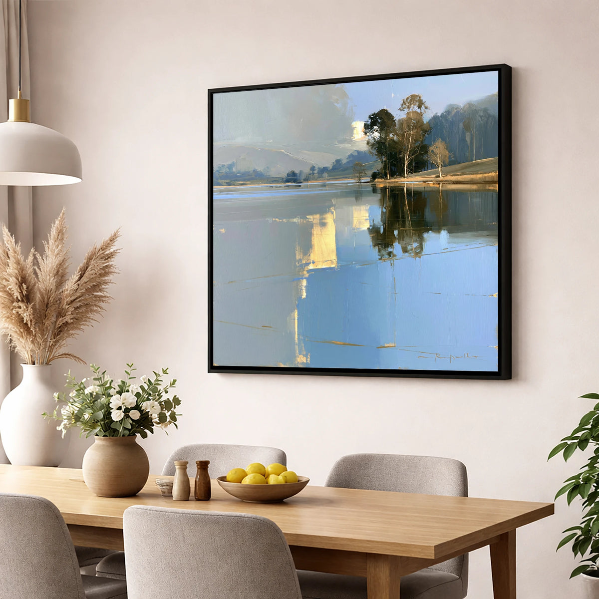 Calm Lake with Golden Reflections lake district lake wall art displayed in a dining room