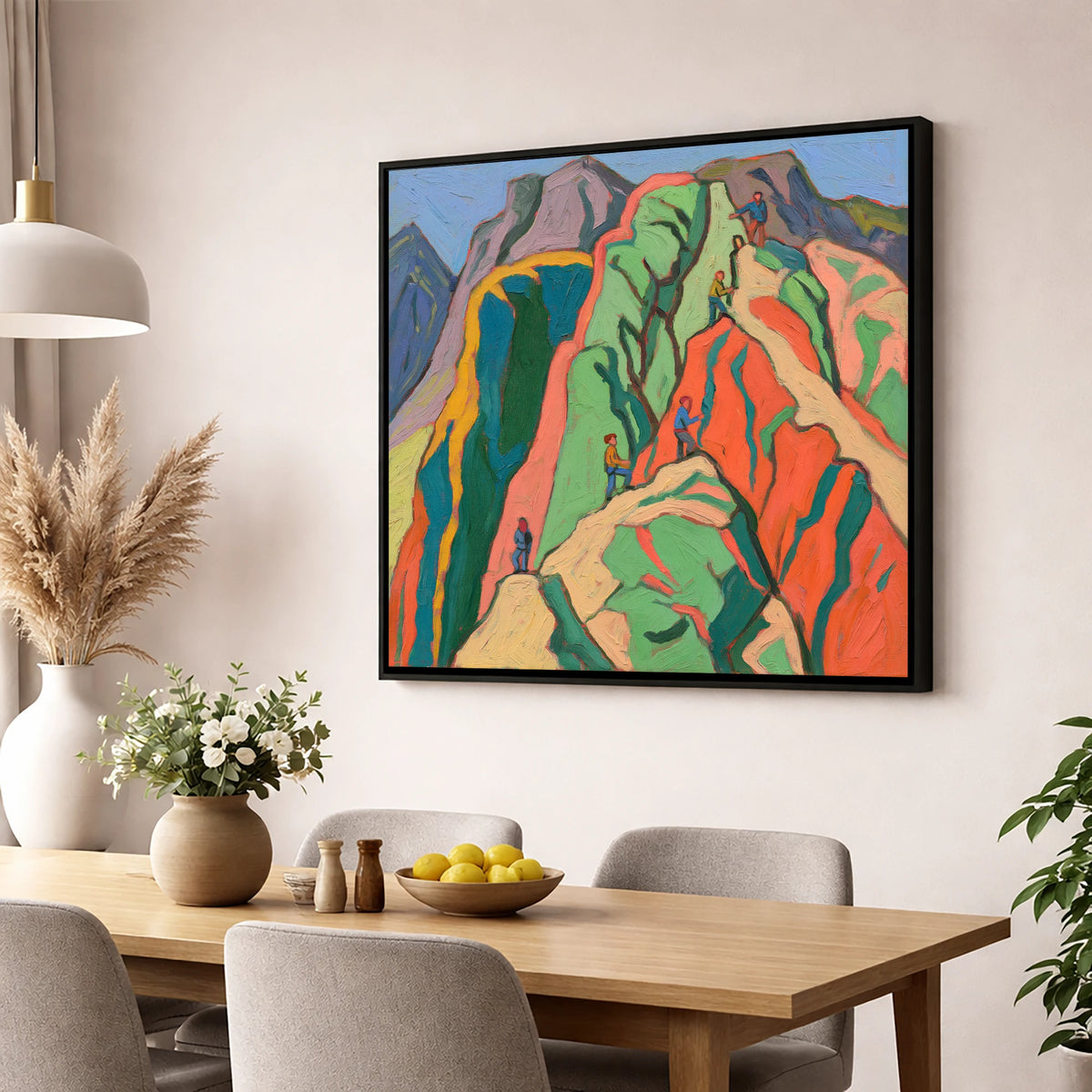 Climbers on a Vivid Crag lake district walking wall art displayed in a dining room