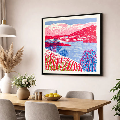 Vibrant Grasmere With Pink Fells lake district lake wall art displayed in a dining room
