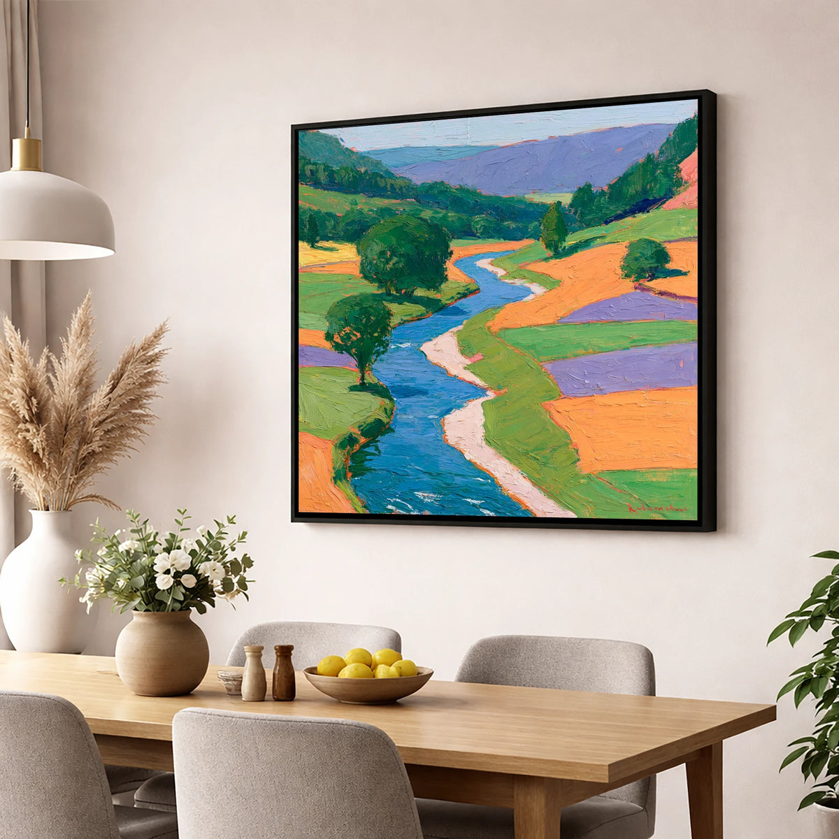 Electric Blue Winding River Valley lake district waterfall wall art displayed in a dining room