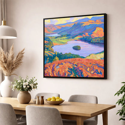 Vibrant Bracken Over Grasmere lake district lake wall art displayed in a dining room