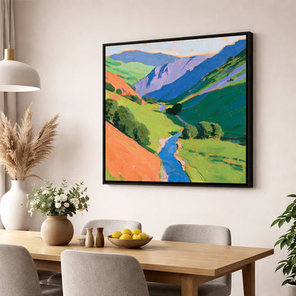 Cobalt River In Green Valley lake district valley wall art displayed in a dining room