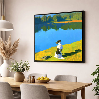 Sunlit Dog Beside Tarn Hows tarn hows wall art wall art displayed in a dining room