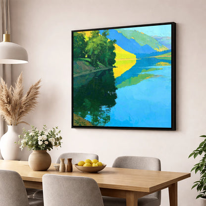 Sunlit Fells Reflecting in Cerulean Water lake district lake wall art displayed in a dining room