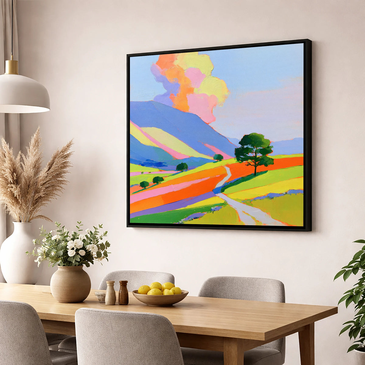 Winding Path Through Colourful Fells lake district fell wall art displayed in a dining room