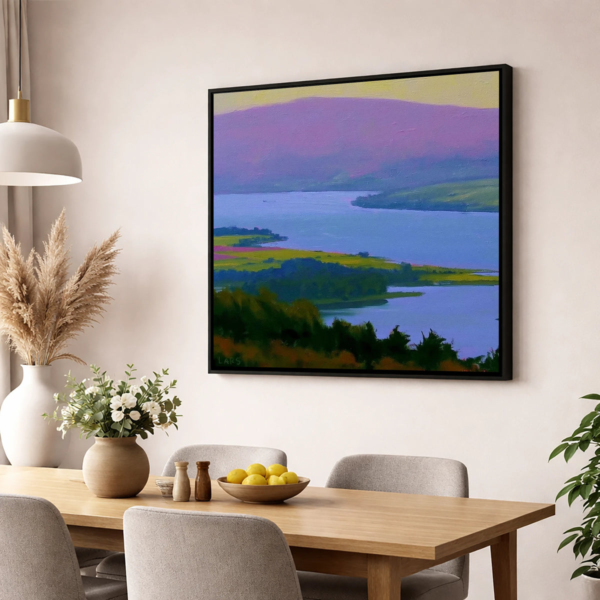 Vibrant Fells Above Bassenthwaite Lake lake district lake wall art displayed in a dining room