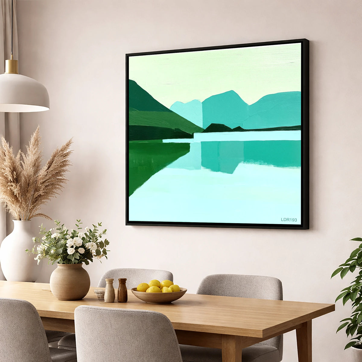 Loweswater Reflections in Bold Teal lake district lake wall art displayed in a dining room