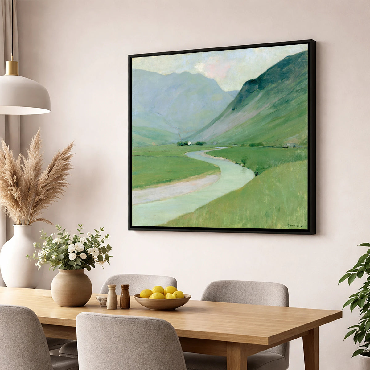 Winding River Below Pastel Fells lake district waterfall wall art displayed in a dining room