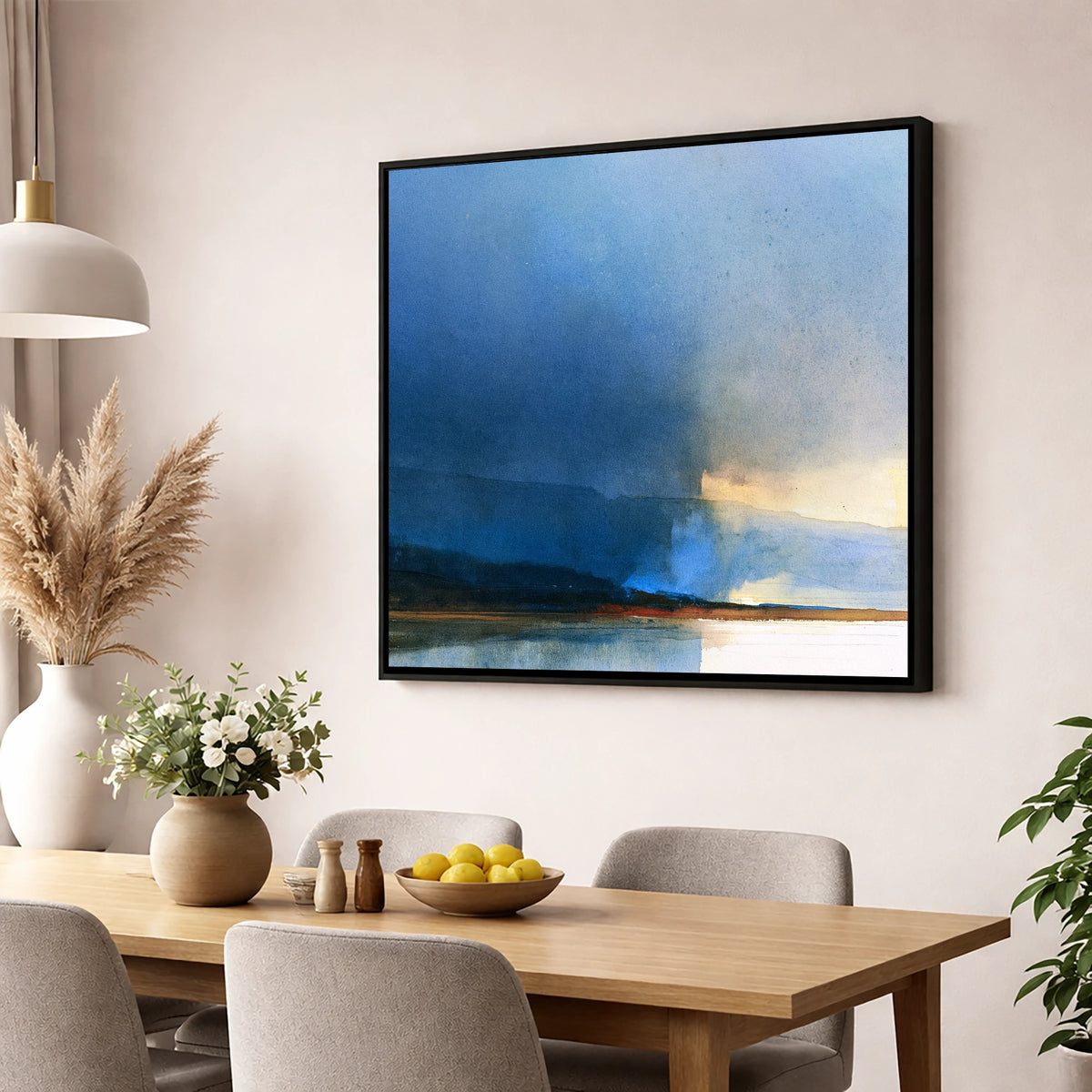 Indigo Storm Over the Fells lake district sky wall art displayed in a dining room