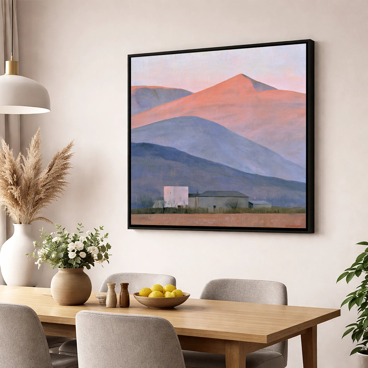 Evening Light on Lavender Fells lake district sky wall art displayed in a dining room