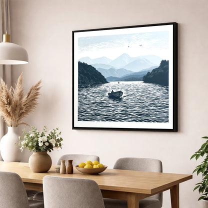Coniston Water in Deep Navy lake district lake wall art displayed in a dining room