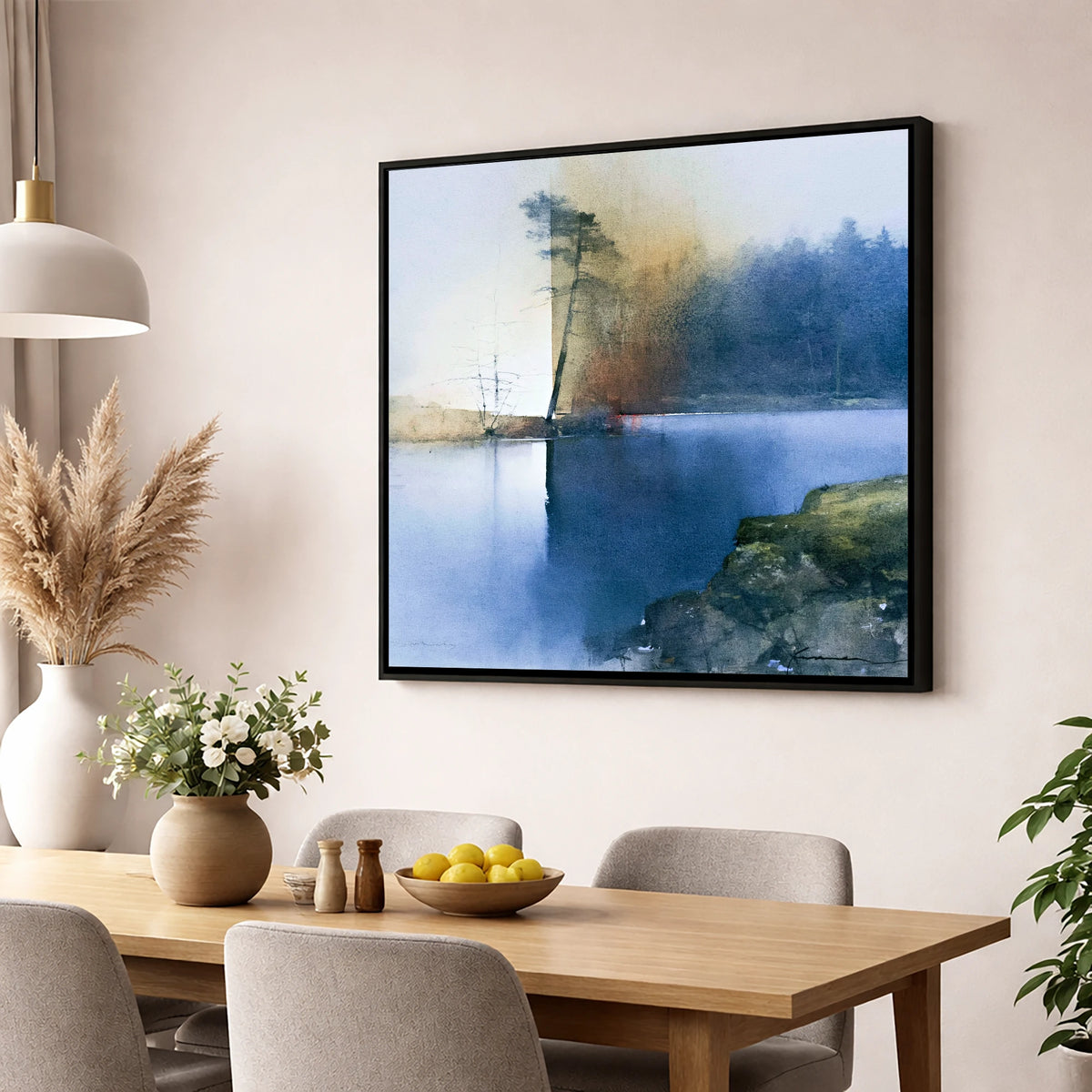 Indigo Tarn Hows Leaning Pine lake district lake wall art displayed in a dining room