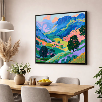 Vibrant Valley Between Blue Fells lake district valley wall art displayed in a dining room