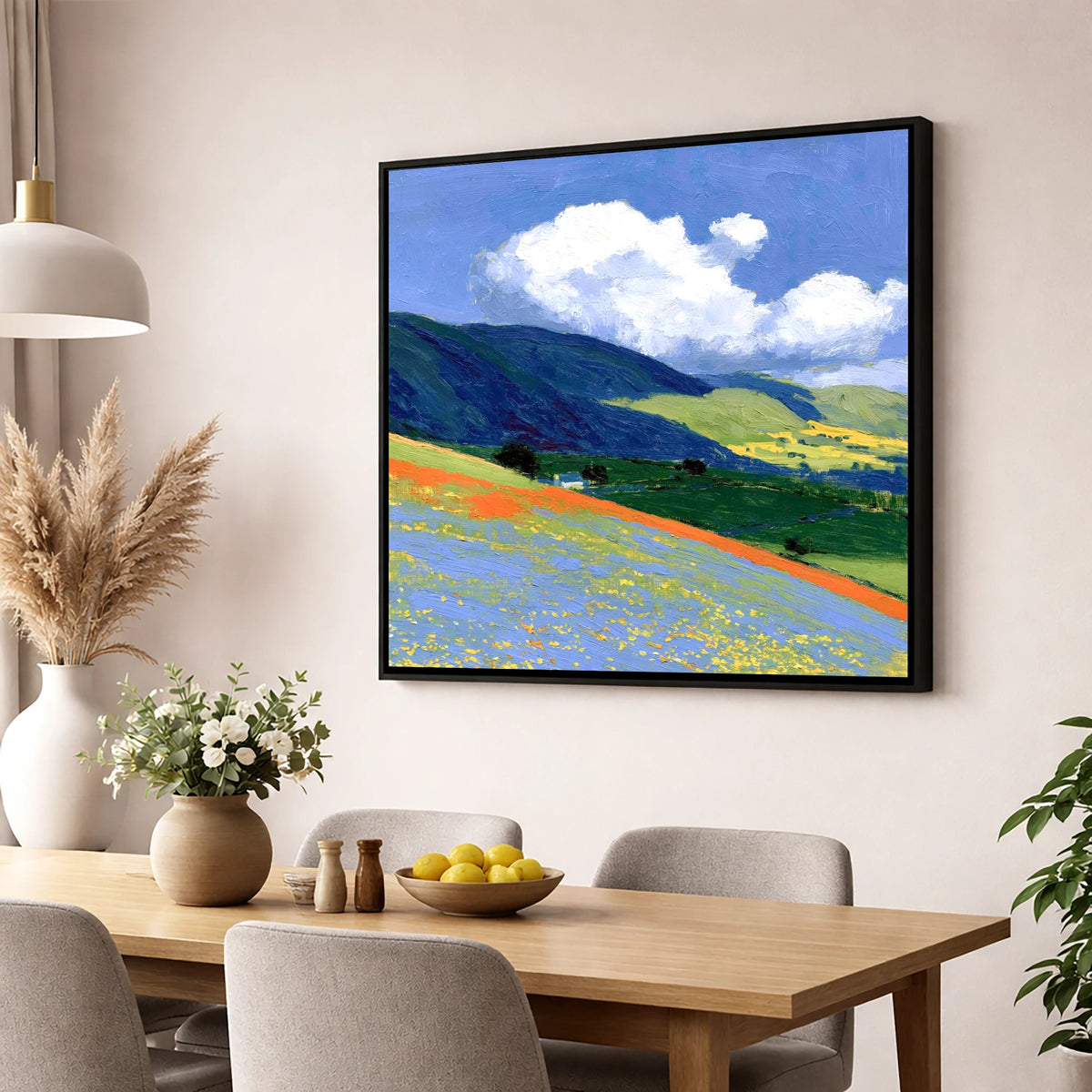 Rolling Fells Under Bright Clouds lake district fell wall art displayed in a dining room