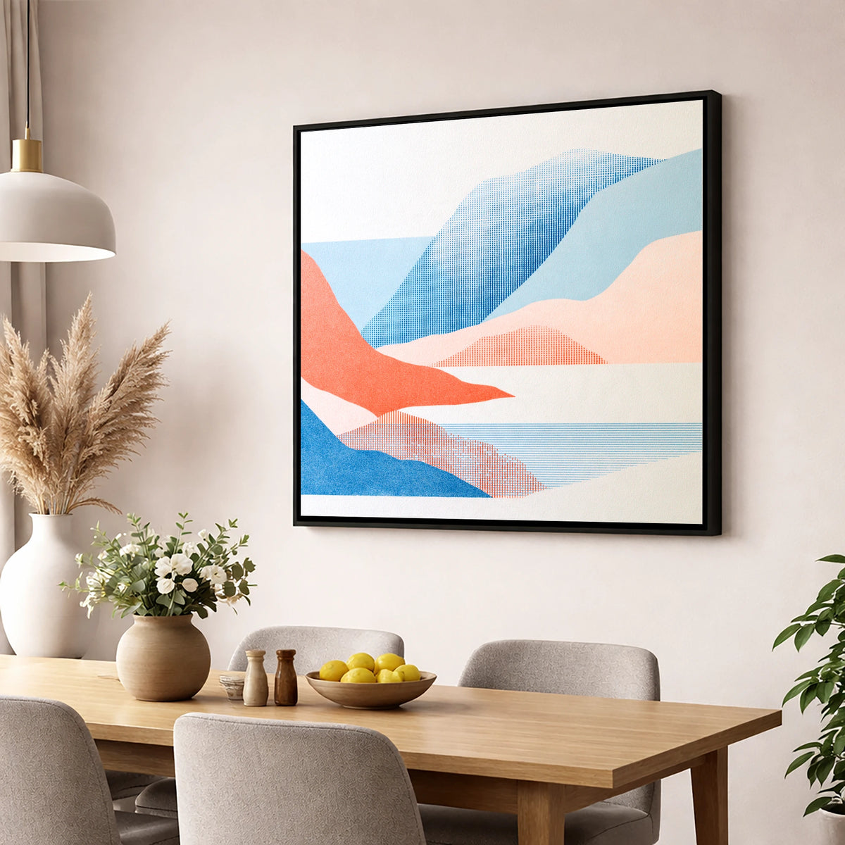 Borrowdale Valley in Coral and Blue lake district valley wall art displayed in a dining room