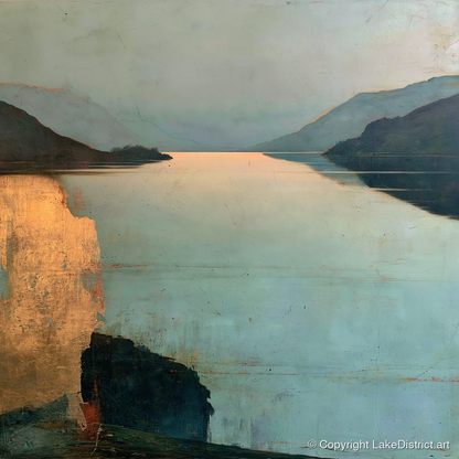 Distant Golden Light on Ullswater - lake district lake art print and canvas by Silas Thorne A.I