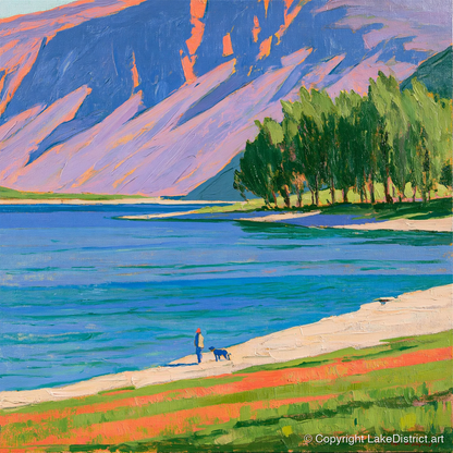 Dog Walker at Vibrant Buttermere - gifts for dog walkers art print and canvas by Marshall Davies A.I