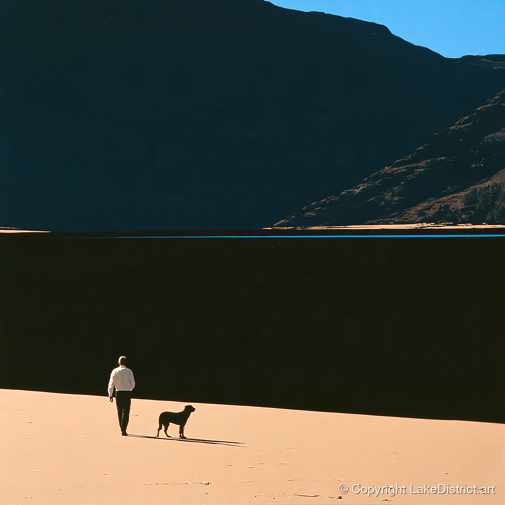 Dog Walker on Ennerdale Shore - gifts for dog walkers art print and canvas by Adelaide Calloway A.I