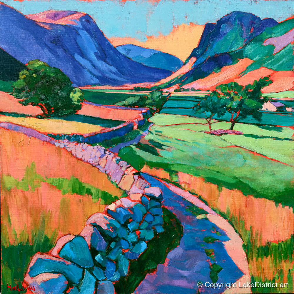Drystone Wall through a Vibrant Valley - lake district valley art print and canvas by Gideon Wright A.I