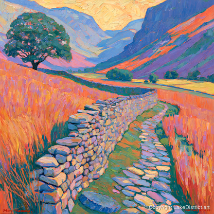 Drystone Wall Through Golden Valley - lake district valley art print and canvas by Celia Harding A.I