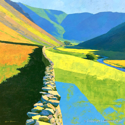Drystone Wall Through Vibrant Valley - lake district valley art print and canvas by Daphne Morley A.I