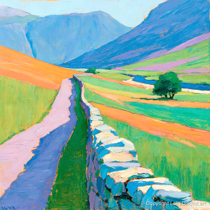 Drystone Wall Through Vivid Valley - lake district valley art print and canvas by Hugo Beckett A.I