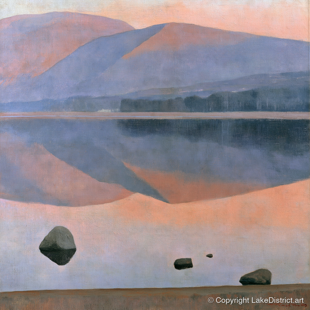 Dusk Fells Reflected on Calm Water - lake district lake art print and canvas by Alistair Thorne A.I