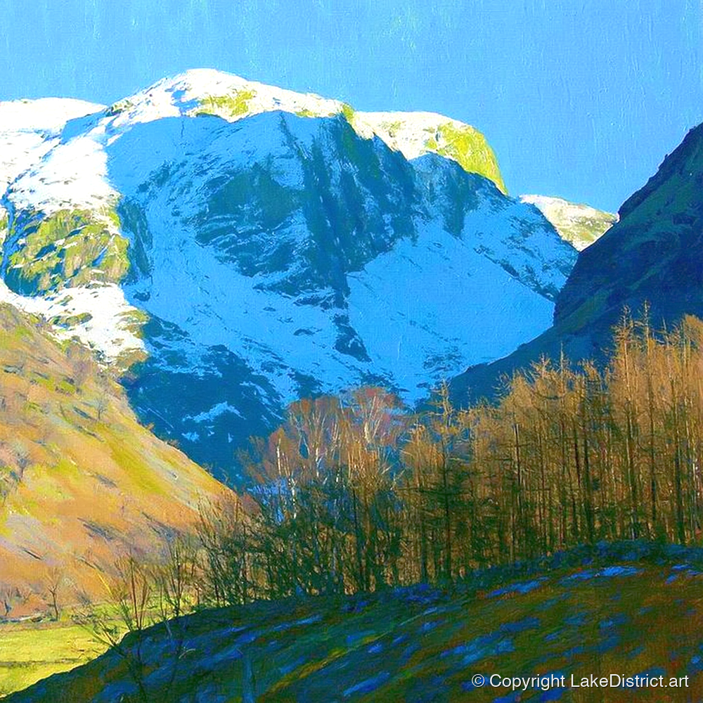 Eagle Crag in Winter Sun - lake district fell art print and canvas by Daphne Morley A.I