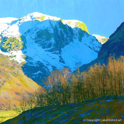 Eagle Crag in Winter Sun - lake district fell art print and canvas by Daphne Morley A.I