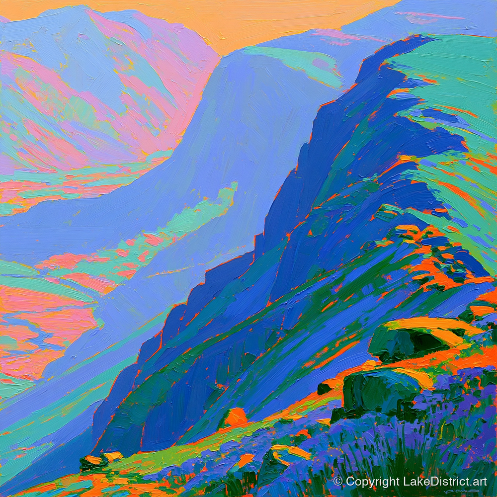 Electric Blue Mountain Ridge - lake district fell art print and canvas by Jonathan Crawford A.I