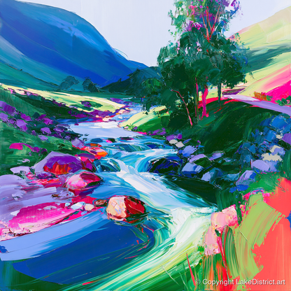 Electric Blue Rushing Fellside Beck - lake district waterfall art print and canvas by Julian Mercer A.I