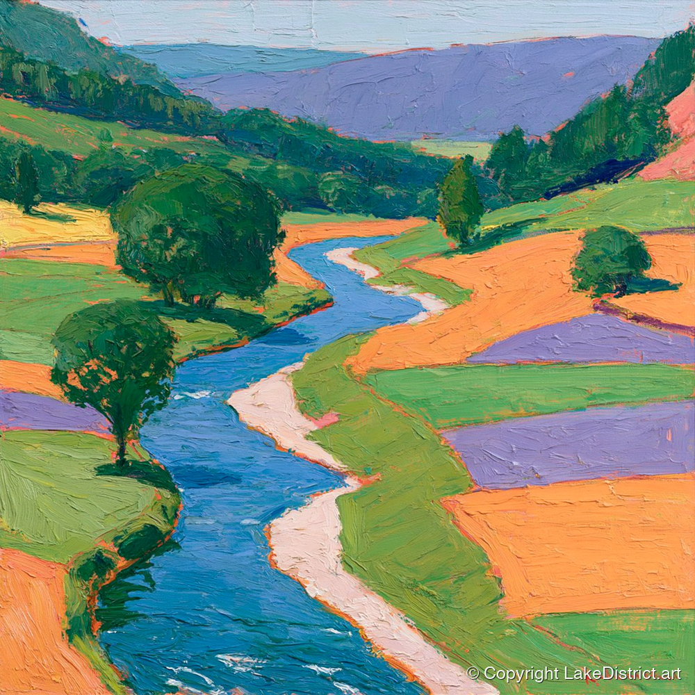 Electric Blue Winding River Valley - lake district waterfall art print and canvas by Marshall Davies A.I